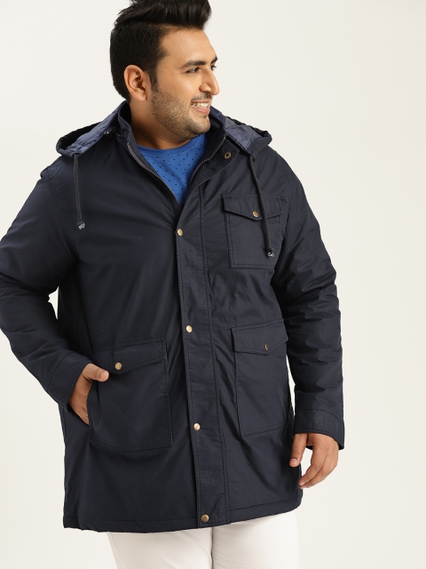 

Sztori Plus Size Men Navy Blue Solid Hooded Tailored Jacket