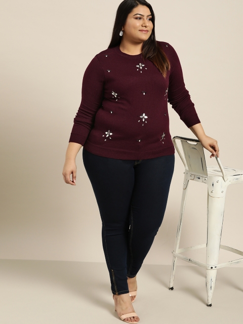 

Sztori Plus Size Women Burgundy Embellished Sweater
