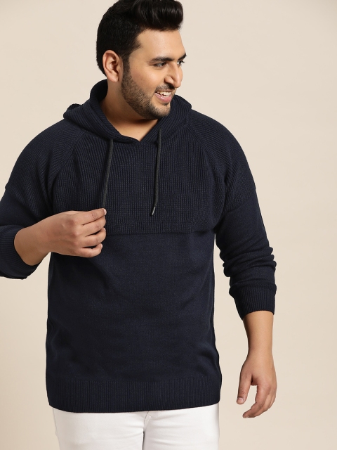 

Sztori Plus Size Men Navy Blue Solid Hooded Sweater