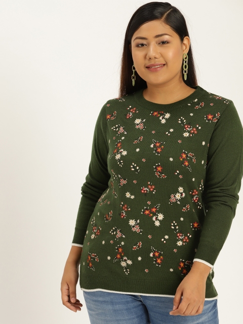 

Sztori Plus Size Women Olive Green Off-White Printed Sweater