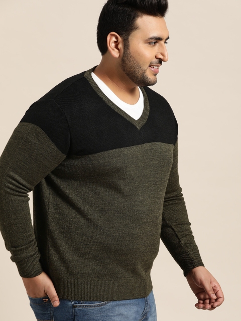

Sztori Plus Size Men Olive Green Black Colourblocked Sweater