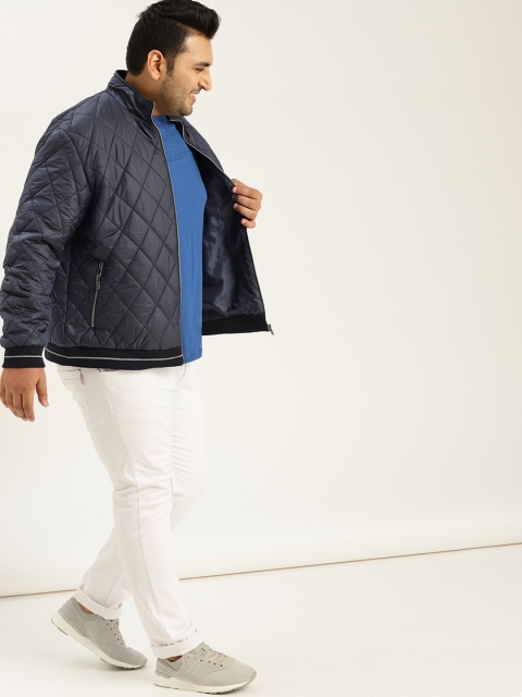 

Sztori Plus Size Men Navy Blue Solid Quilted Bomber Jacket