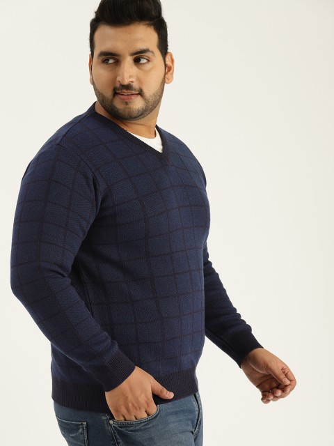 

Sztori Plus Size Men Navy Blue Checked Sweater