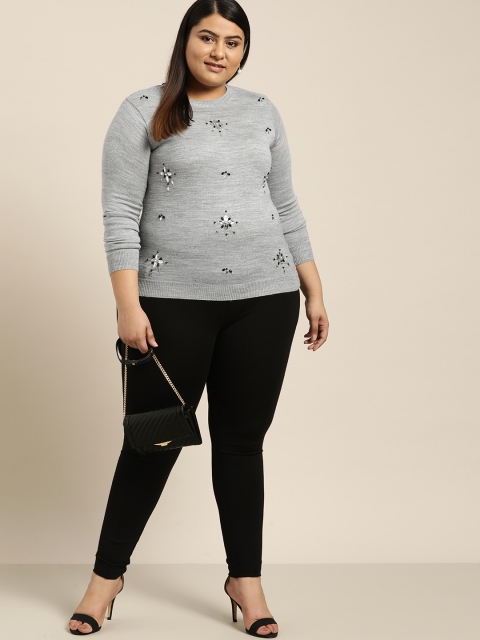 

Sztori Plus Size Women Grey Melange Embellished Pullover