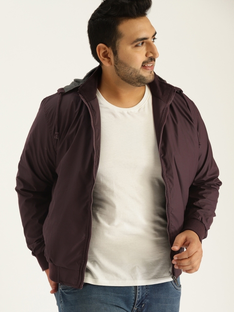

Sztori Plus Size Men Burgundy Solid Hooded Bomber Jacket