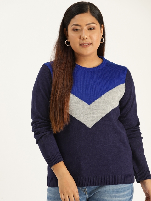 

Sztori Plus Size Women Blue Grey Melange Colourblocked Sweater