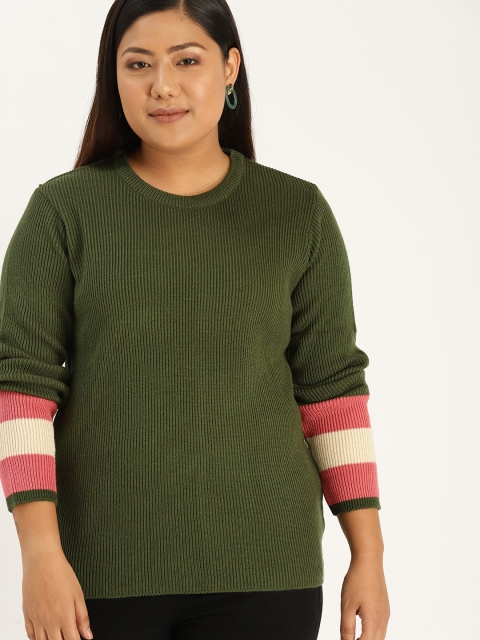 

Sztori Plus Size Women Olive Green Ribbed Sweater