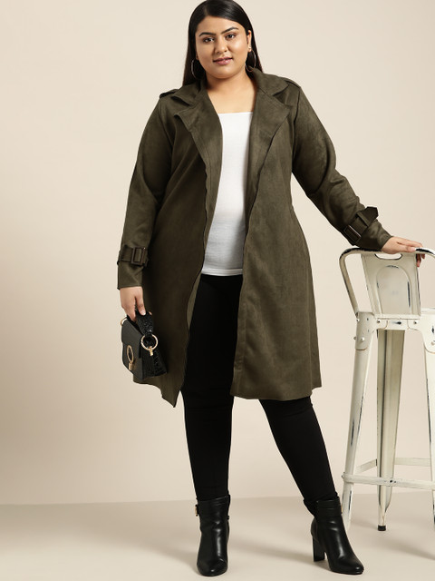 

Sztori Plus Size Women Olive Green Solid Suede Finish Trench Coat