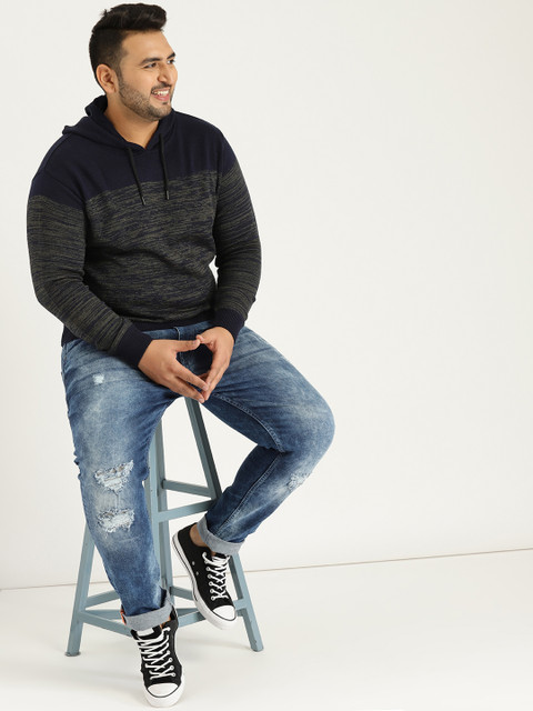 

Sztori Plus Size Men Navy Blue Olive Green Colourblocked Hooded Sweater