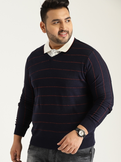 

Sztori Plus Size Men Navy Blue Red Striped Sweater