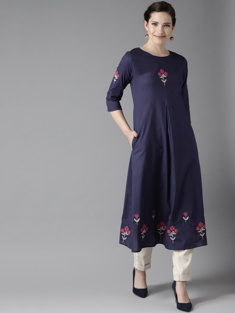 

HERE&NOW Women Navy Blue Solid A-Line Kurta