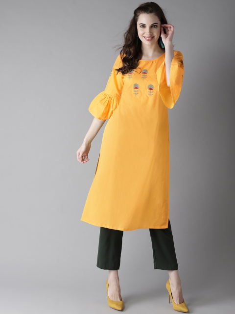 

HERE&NOW Women Yellow Yoke Design Straight Kurta