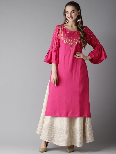 

HERE&NOW Women Pink & Golden Yoke Design A-Line Kurta
