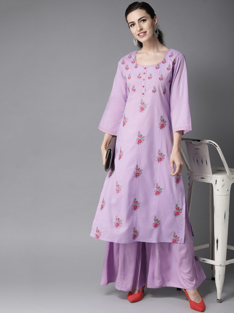 

HERE&NOW Women Purple & Red Embroidered Kurta with Palazzos