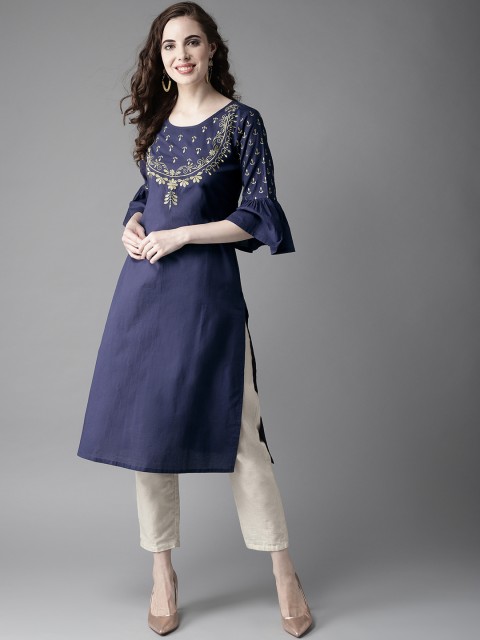 

HERE&NOW Women Navy Blue & Golden Yoke Design Straight Kurta