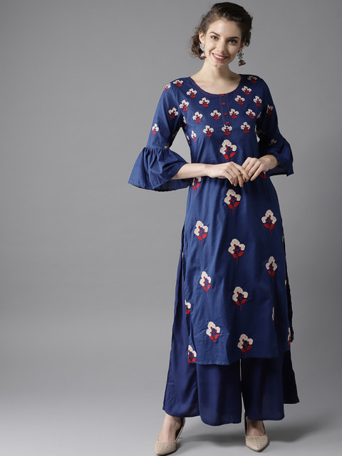 

HERE&NOW Women Navy Blue & Beige Embroidered Kurta with Palazzos