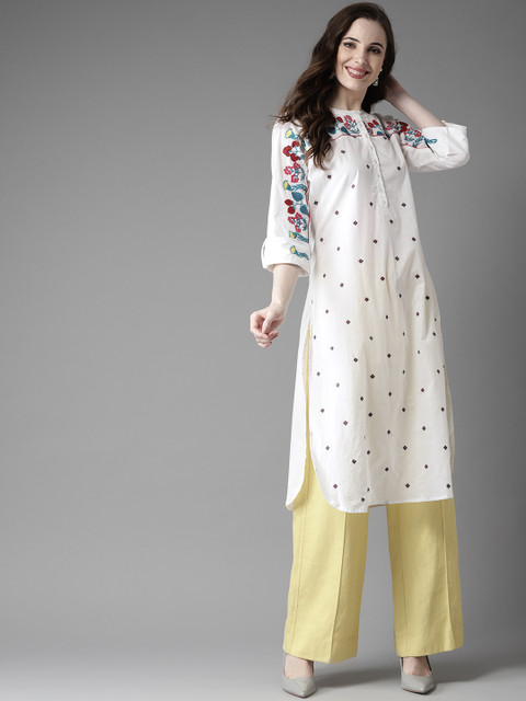

HERE&NOW Women White & Blue Embroidered Straight Kurta