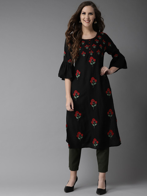 

HERE&NOW Women Black & Red Embroidered Straight Kurta
