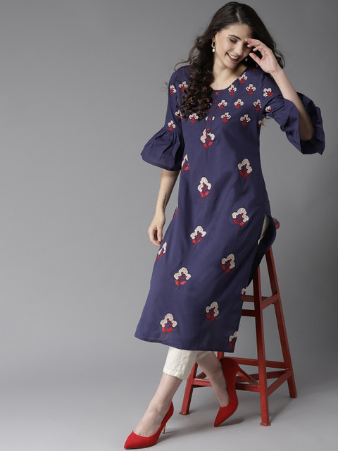 

HERE&NOW Women Navy Blue Embroidered Straight Kurta