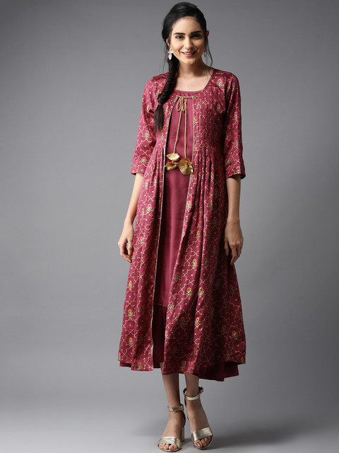 

Moda Rapido Women Magenta Solid A-Line Dress with Ethnic Jacket