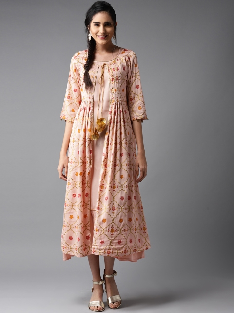 

Moda Rapido Women Peach-Coloured Solid A-Line Dress with Ethnic Jacket
