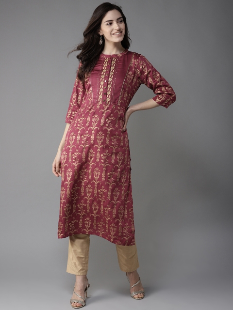 

Moda Rapido Women Maroon & Golden Printed Straight Kurta