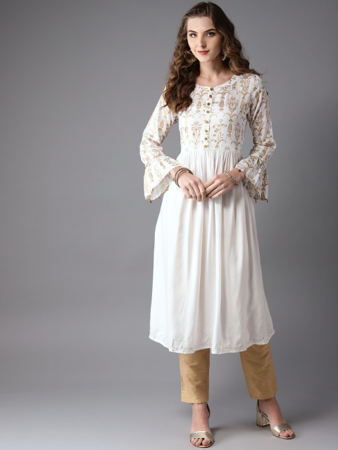 

Moda Rapido Women White & Golden Yoke Design A-Line Kurta