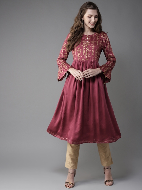 

Moda Rapido Women Maroon & Golden Yoke Design A-Line Kurta
