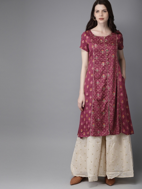 

Moda Rapido Women Pink & Golden Printed A-Line Kurta