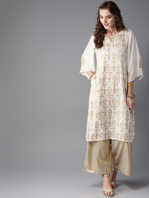 

Moda Rapido Women Off-White & Golden Printed Straight Kurta