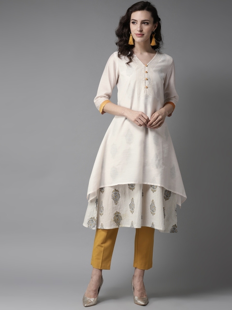 

Moda Rapido Women Off-White & Mustard Yellow Printed A-Line Layered Kurta