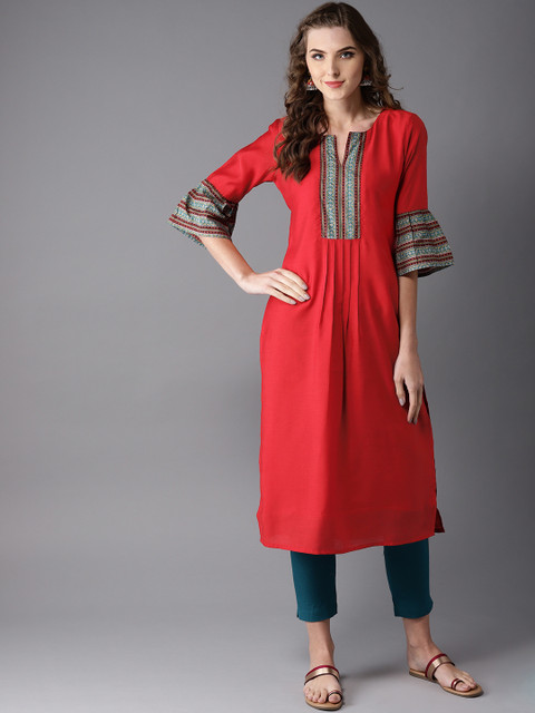 

Moda Rapido Women Red Yoke Design Straight Kurta