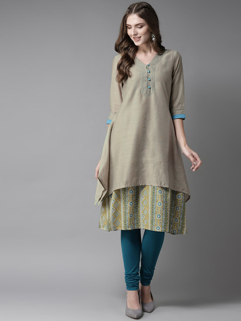 

Moda Rapido Women Green & Mustard Yellow Printed A-Line Layered Kurta