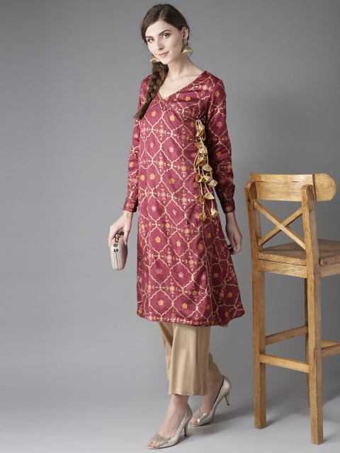 

Moda Rapido Women Maroon & Golden Printed Angrakha A-Line Kurta