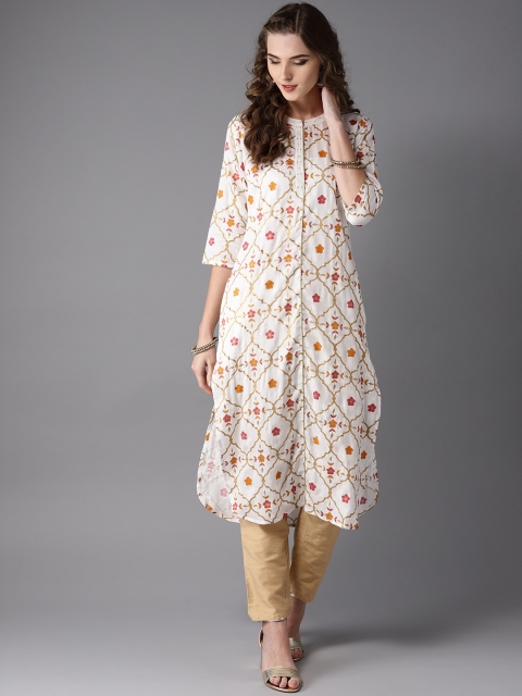 

Moda Rapido Women White & Golden Printed Straight Kurta