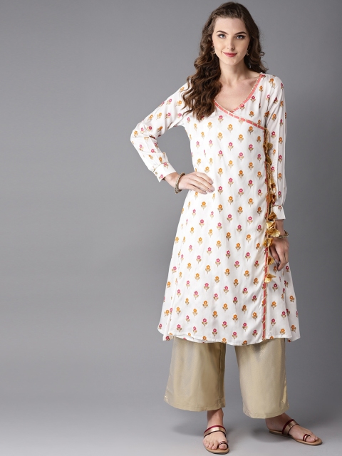 

Moda Rapido Women White & Golden Printed Angrakha A-Line Kurta