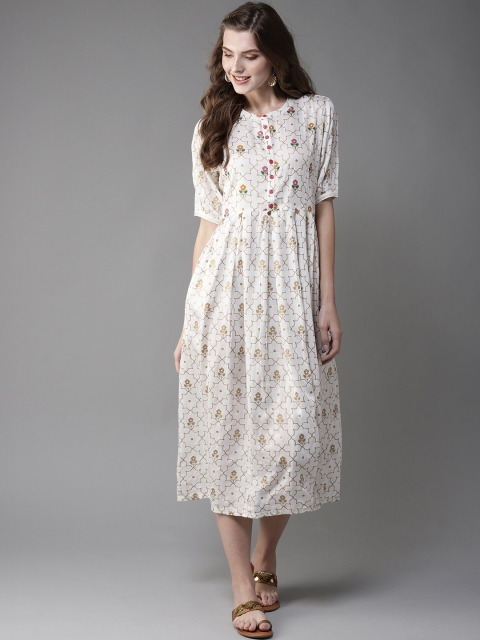 

Moda Rapido Women White & Golden Printed Fit & Flare Dress
