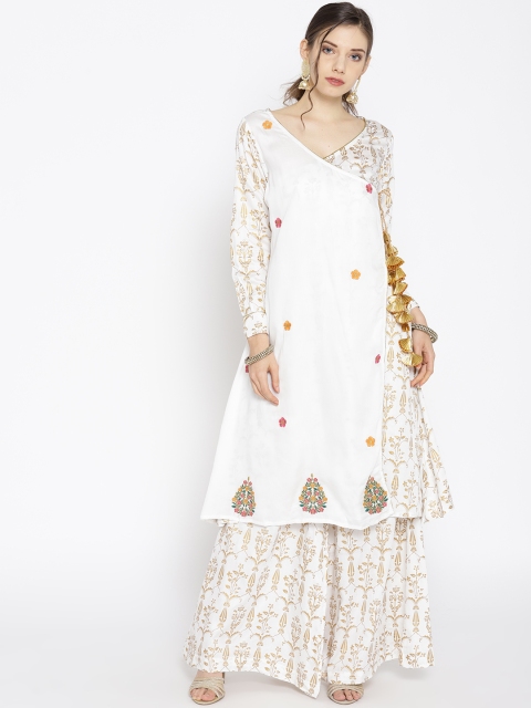 

Moda Rapido Women White & Golden Printed Angrakha Kurta with Palazzos
