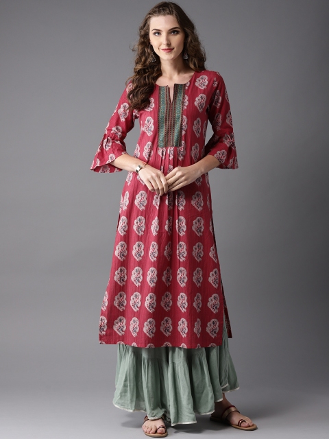 

Moda Rapido Women Maroon & Green Printed A-Line Kurta