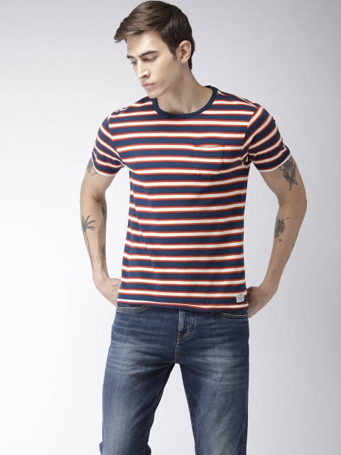 

Flying Machine Men Navy Blue & Red Striped Round Neck T-shirt