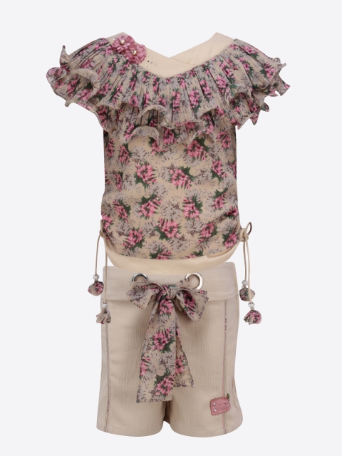 

CUTECUMBER Girls Beige & Pink Printed Top with Shorts