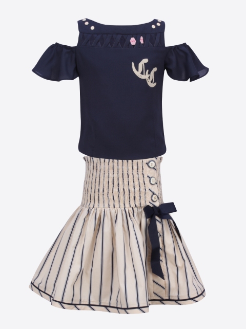 

CUTECUMBER Girls Navy Blue & Beige Solid Top with Skirt