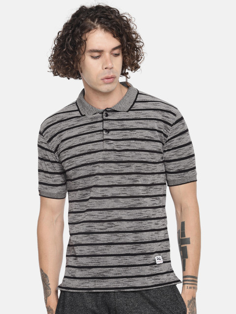 

Sports52 wear Men Black & Grey Striped Polo Collar T-shirt