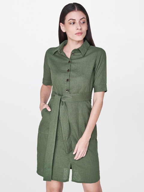 

AND Women Olive Green Solid Shirt Dress