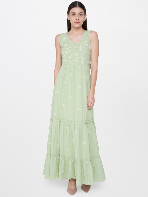 

AND Women Green Embroidered A-Line Maxi Dress