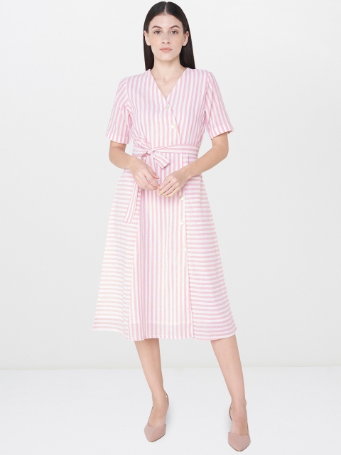 

AND Women Pink & White Striped Fit And Flare Dress