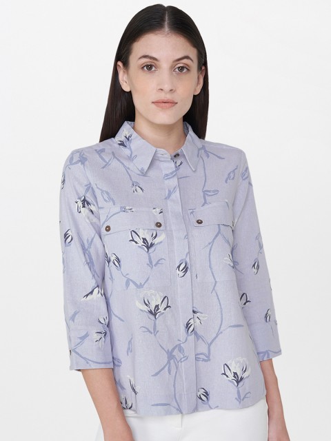 

AND Women Blue Printed Regular Fit Casual Shirt