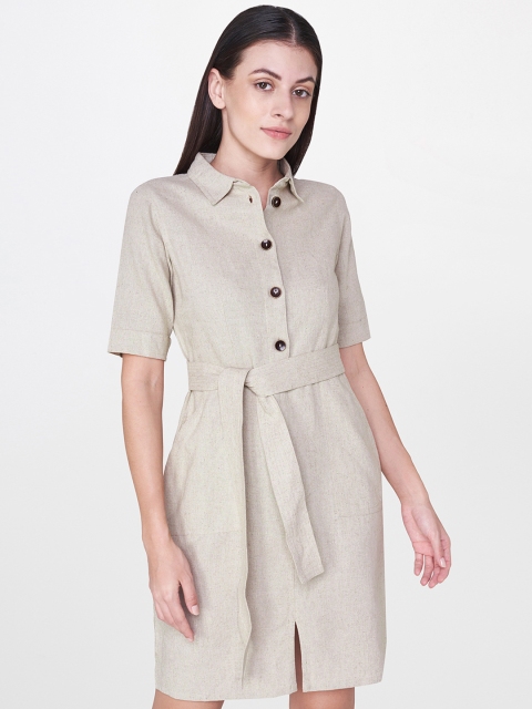 

AND Women Beige Solid Shirt Dress