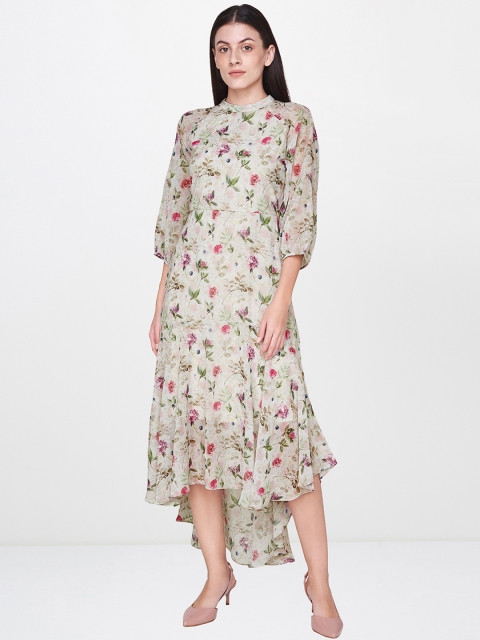 

AND Women Off-White & Purple Printed A-Line Dress