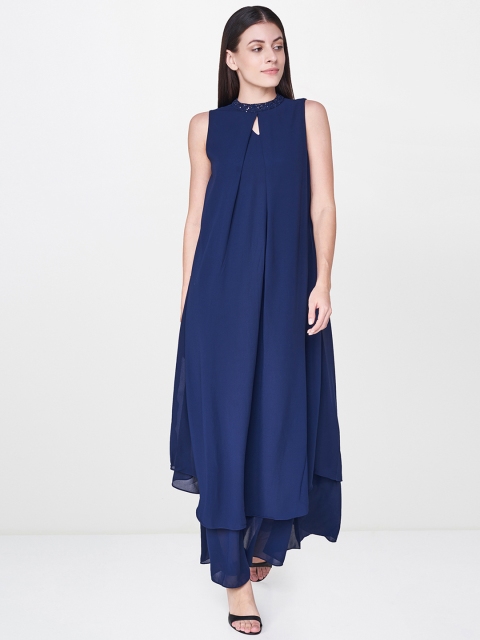 

AND Women Navy Blue Solid A-Line Maxi Dress